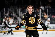 David Pastrnak of the Boston Bruins skates during warmups against the Minnesota Wild at TD Garden on December 19, 2023 in Boston, Massachusetts.